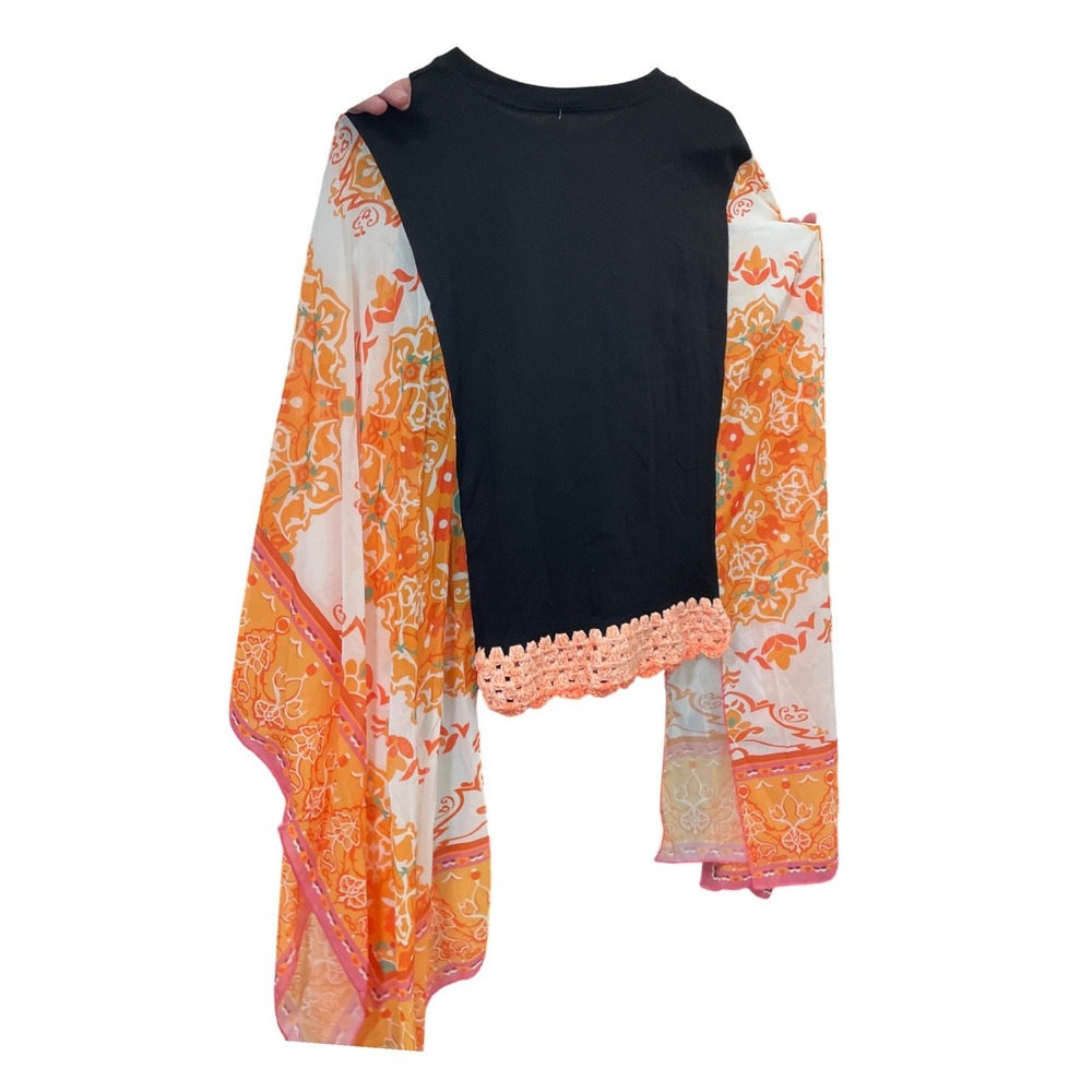 Dolly Parton Custom Graphic Tee Kimono Sleeve Boho Crochet Trim Blk Orange Pink - Picture 2 of 2